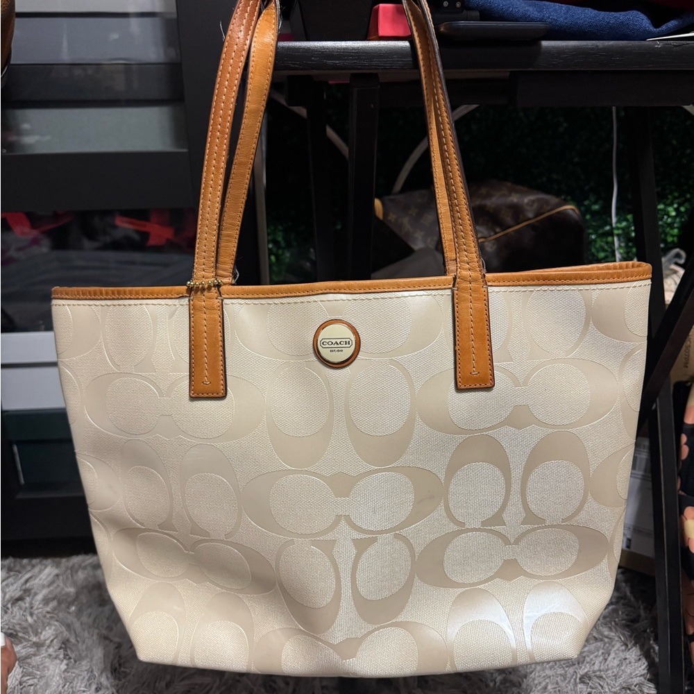 Coach Cream and Tan Signature Tote Bag